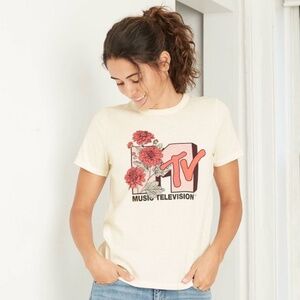 MTV Floral Vintage Print Logo Cotton Graphic Tee T-Shirt in Size Large